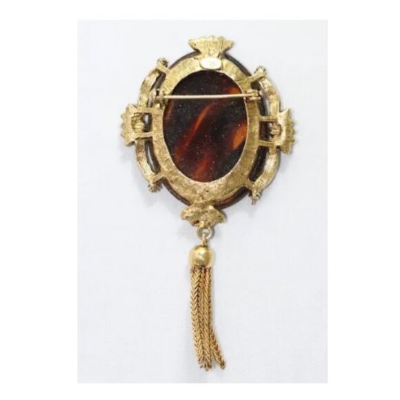 Vintage HOBE Faux Tortoiseshell Gold Tone Tassel Pin Brooch - Picture 3 of 5